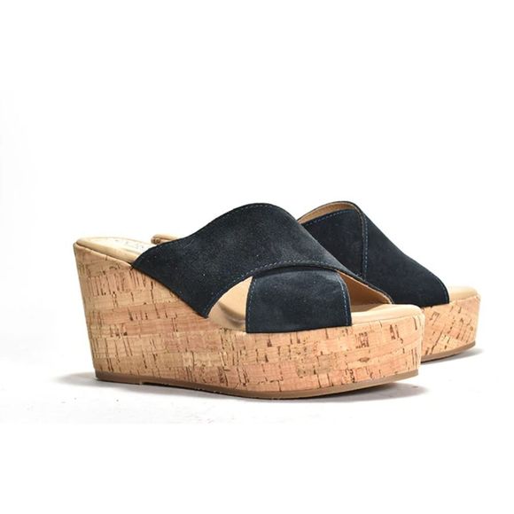 Cordani Shoes - Cordani Jan Suede Upper Cork Platform Wedge in Crosta Blue Scuro Size 38 US 7.5